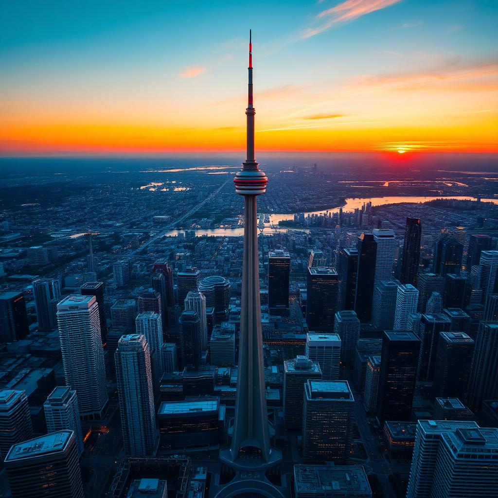 Aerial view of downtown Toronto with the CN Tower at sunset